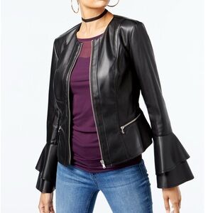 INC International Concepts Black Faux Leather Ruffle-Sleeve Jacket